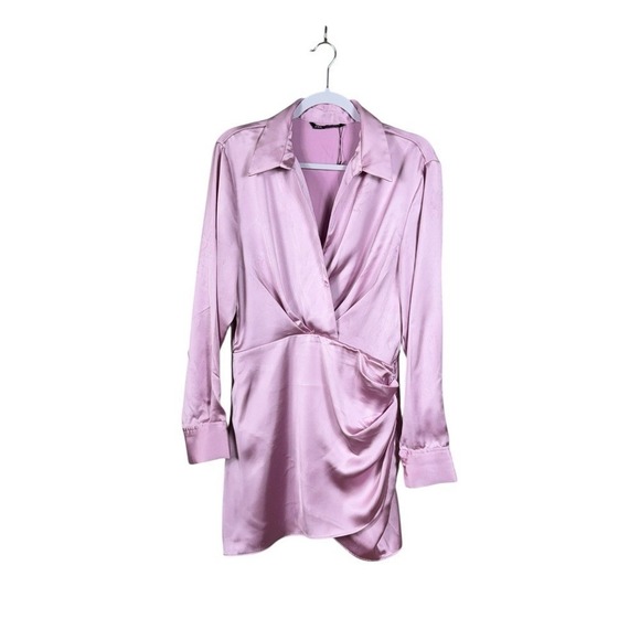 Zara Bubblegum Pink Satin Dress Size Large Faux Wrap Coquette Fairy Cocktail - Picture 3 of 6